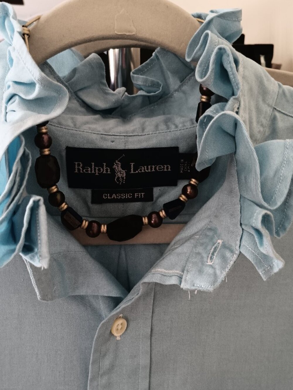 Reworked Ralph Lauren Ruffle Collar Shirt XL | Sky Blue Blouse